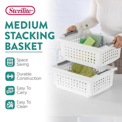 Sterilite Medium Stacking Basket Plastic Storage Organizer, White, 16-Pack - size: 16 Pack, style: Medium