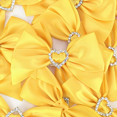 AIMUDI Pre-Tied Yellow Gold Satin Bows with Rhinestone 3" Yellow Ribbon Bows with Heart Diamante Bows for Gift Wrapping Small Bows for Crafts Wedding Embellishment Shower Party Favors - 12 PCs - color: Yellow Gold