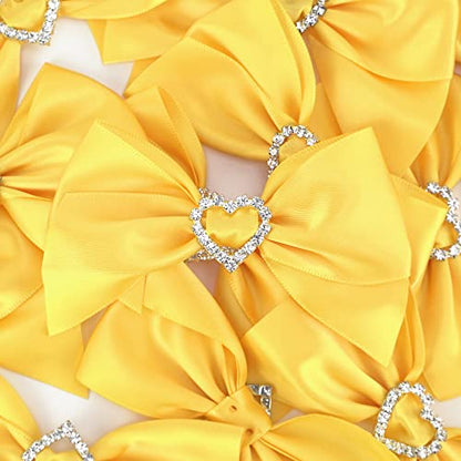 AIMUDI Pre-Tied Yellow Gold Satin Bows with Rhinestone 3" Yellow Ribbon Bows with Heart Diamante Bows for Gift Wrapping Small Bows for Crafts Wedding Embellishment Shower Party Favors - 12 PCs - color: Yellow Gold