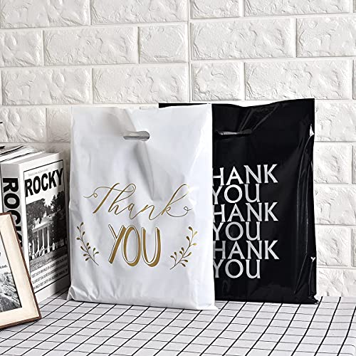 Thank You Bags for Business Small, 100 PCS 12x15 Plastic Shopping Bags - color: Black & White Thank You Bags