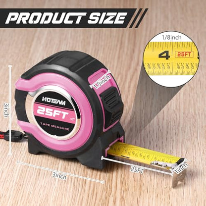 Hoteam 2 Pcs Pink Tape Measure Retractable with 1/8 Fractions Lightweight Pink Measuring Tape Accuracy 1/32 with Magnetic Hook Lock Button Easy to Read Measurement Tools(25 ft) - size: 25 ft