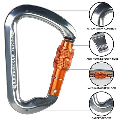 SEPEAK UIAA 30kN Locking Climbing Carabiner, Professional Heavy Duty Screwgate Clip for Outdoor Climbing, Mountaineering, Rappelling, Camping, Hiking, Swing,Large D Carabiner Hook/6744lb