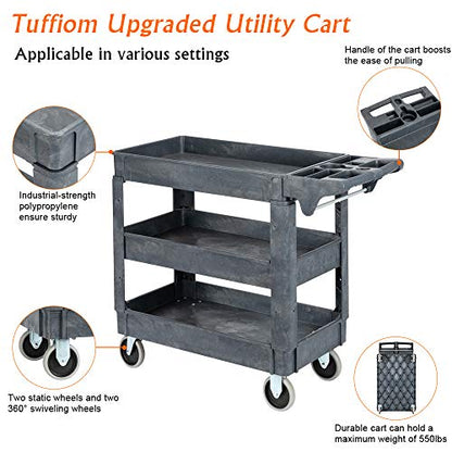 TUFFIOM Plastic Service Utility Cart with Wheels, 550lbs Capacity, Heavy Duty Tub W/Deep Shelves, Multipurpose Rolling 3-Tier Mobile Storage Organizer, for Warehouse Garage Industrial Cart - size: 3 Shelves 40.7"L x 17.1"W x 33.5"H