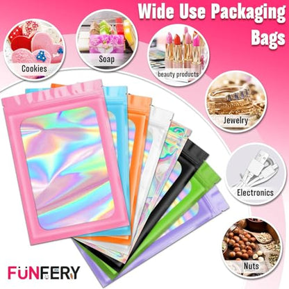 Funfery 300 Pack 3 Size Mylar Holographic Bags with Clear Window,Black - color: Black, size: 4x6+4.7x7.9+6.3x9.4 Inch