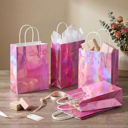 BLEWINDZ 32Pcs Small Paper Gift Bags with Tissues, Iridescent Party Favor Bags with Handles, Holographic Pink Gift Bag for Wedding Baby Shower Birthday Party Supplies - color: 11-Iridescent Pink-S