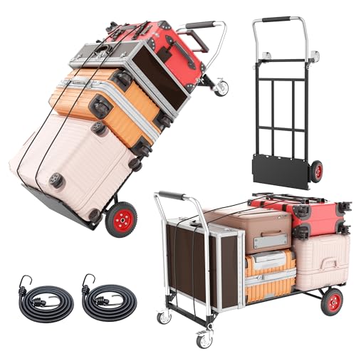 Hand Truck Dolly Heavy Duty, 2 in 1 Convertible Hand Truck and Dolly with 10" Flat-Free Wheels & Brakes, 600LBS Capacity, Includes Elastic Straps for Moving, Warehouse, Garden, Office Use, Black