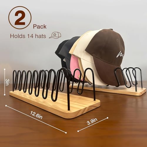 UdoUto Hat Organizer for Baseball Caps, 2 Pack Wood & Metal Hat Rack - color: Natural wood