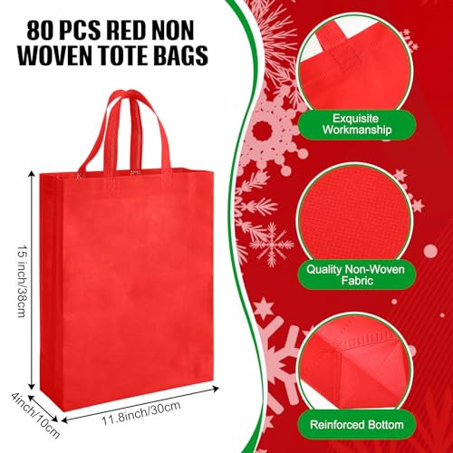 Amylove 80 Pcs Non Woven Tote Bags Bulk Large Reusable Gift Bag Reusable Grocery Bags, 15 x 11. 8 x 4 Inches - color: Red