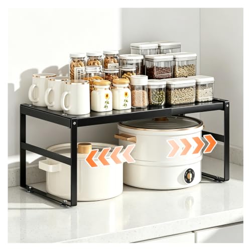 Expandable Kitchen Organizer Shelf, Cabinet Countertop Shelves - color: Black