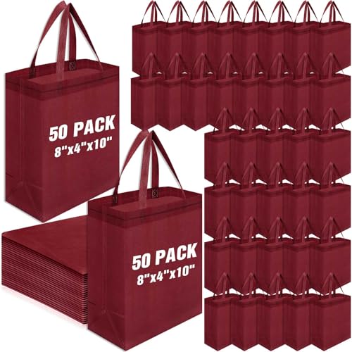 Windyun 50 Pcs Reusable Tote Bag Bulk 8 x 4 x 10 Inch, Wine Red - color: Wine Red