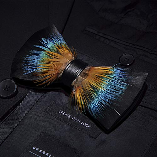RBOCOTT Handmade Feather Pre-tied Bow tie and Brooch Sets for Men - color: Orange/Blue