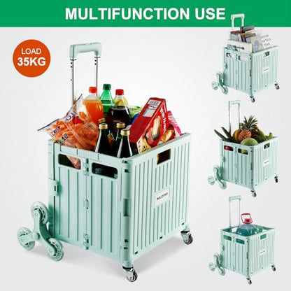 MACOPRO Foldable Utility Cart with Stair Climbing Wheels, Collapsible Rolling Crate with Telescoping Handle, Shopping Trolle Handcart Grocery Book File Tool Art Supplies Teacher Storage Basket(Green) - color: Green