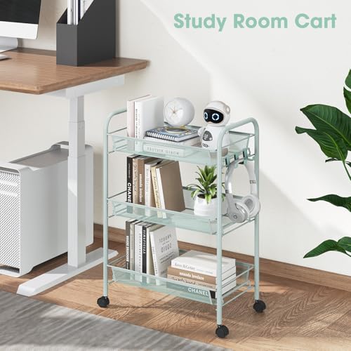 TOOLF 3 Tier Rolling Cart, Metal Utility Storage Cart with Wheels, Green - color: Green, size: 3-Tier