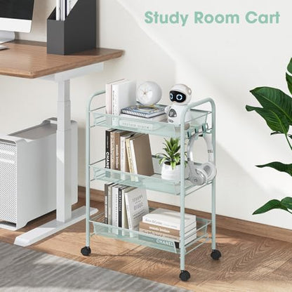 TOOLF 3 Tier Rolling Cart, Metal Utility Storage Cart with Wheels, Green - color: Green, size: 3-Tier