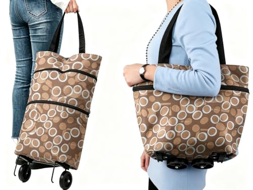 Collapsible Shopping Bag with Wheels Portable Shopping Cart with 360° Swivel Wheels Rolling Tote Bag Reusable Grocery Bag Trolley Bag on Wheels for Travel Shopping and Daily Use(Brown-White) - color: Brown-white