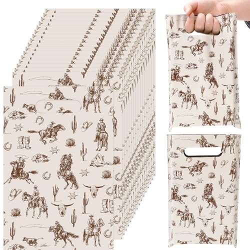 JarThenaAMCS 50Pcs Western Cowboy Goodie Bags Plastic Gift Bags Brown Wild West Rodeo Cactus Patterned Treat Candy Snack Bag for Birthday Baby Shower Party Favor Supplies