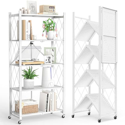 Fenbeli 5-Tier Folding Metal Storage Shelves with Wheels, 750 lb Capacity - color: White, size: 5 Tier