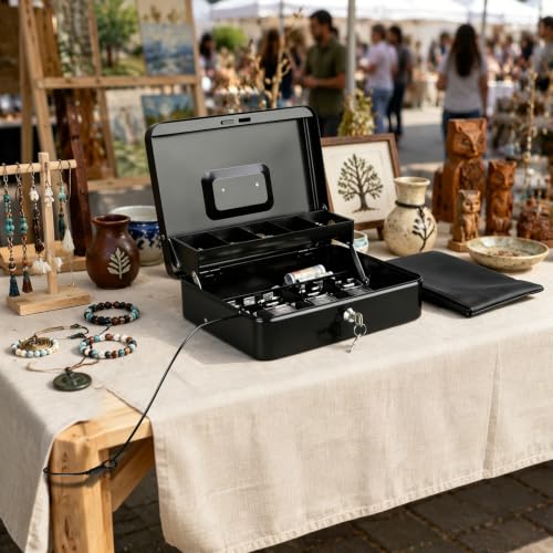 KYODOLED Metal Cash Box with Key Lock, Anti-Theft Cable & Waterproof Pouch - color: Black-Cable