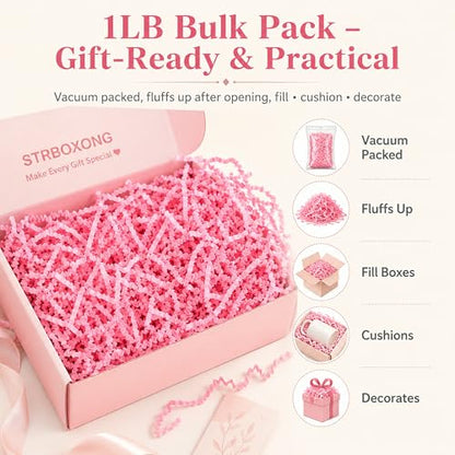 STRBOXONG Pink Crinkle Paper Filler 1 LB, Dust-Free Crinkle Cut Paper Shred for Gift Baskets, Bridesmaid Boxes, Valentine Gifts, Baby Shower Favors, Beauty Packaging, Party Supplies and Gift Bags - color: Pink