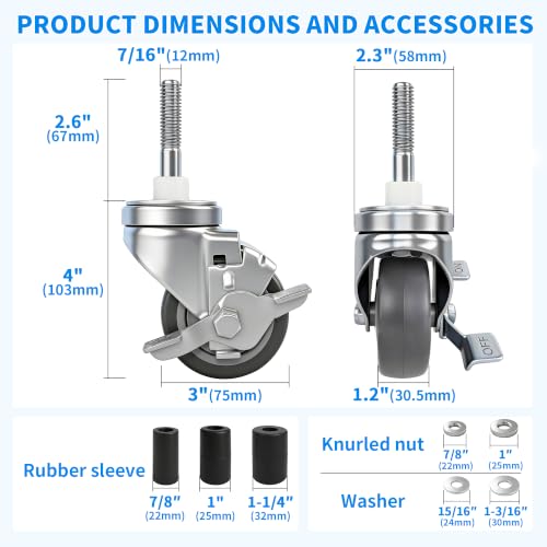 MySit 3 Inch Expanding Stem Casters with Side Brake Set of 4 - size: 3 inch