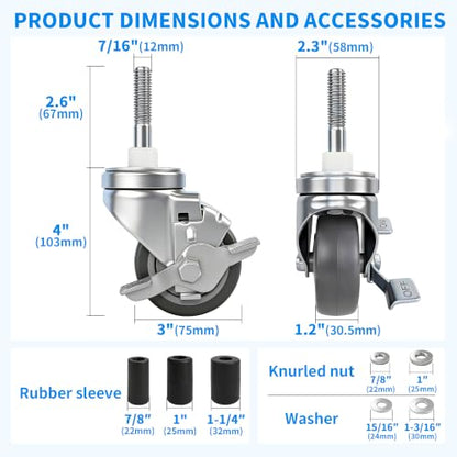 MySit 3 Inch Expanding Stem Casters with Side Brake Set of 4 - size: 3 inch