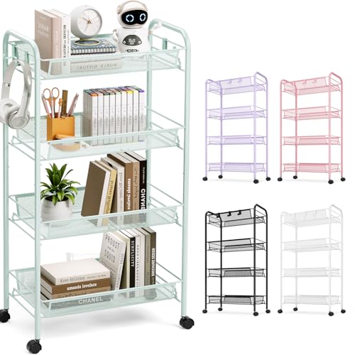 TOOLF 4 Tier Rolling Cart, Metal Utility Storage Cart with Wheels, Green - color: Green, size: 4-Tier