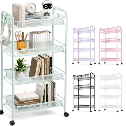 TOOLF 4 Tier Rolling Cart, Metal Utility Storage Cart with Wheels, Green - color: Green, size: 4-Tier