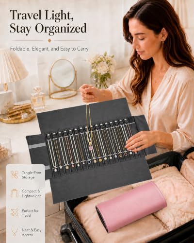 Travel Necklace Organizer, Tangle Free Jewelry Case, 16 Slots - color: Pink PU and gray velvet