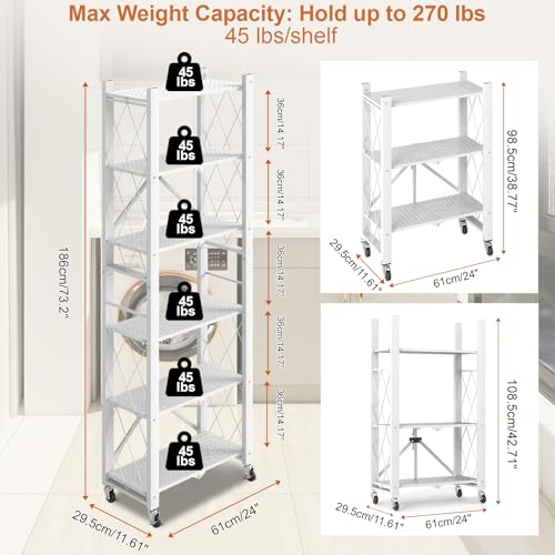 6-Tier Foldable Storage Shelves with Wheels, Folding Metal Shelf Unit - color: White, size: 6 Tier