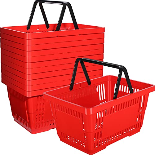 12 Pcs Shopping Baskets 20 L Plastic Store Retail Baskets with Handles 16.9 * 11.8 * 9.1 Inches for Market Grocery Supplies Thrift Convenience Storage(Red) - color: Red