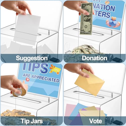 Polmart Clear Donation Box with Lock - Secure Ballot Box with Removable Sign Holder 2 Keys - for Money, Cards, Votes, Tickets, Feedback Collection (4.75"D x 6.29"W x 8"H) - color: Clear With Sign Holder