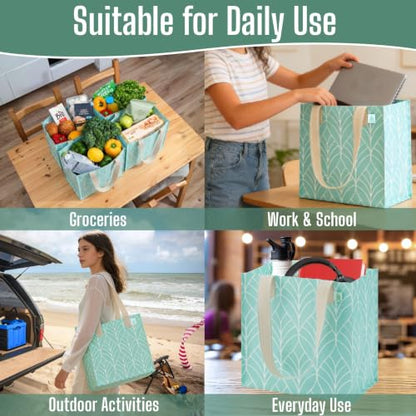 VENO 2/4 Pack Compact Reusable Grocery Shopping Bags with Hard Bottom - color: Evergreen - 4 Pack