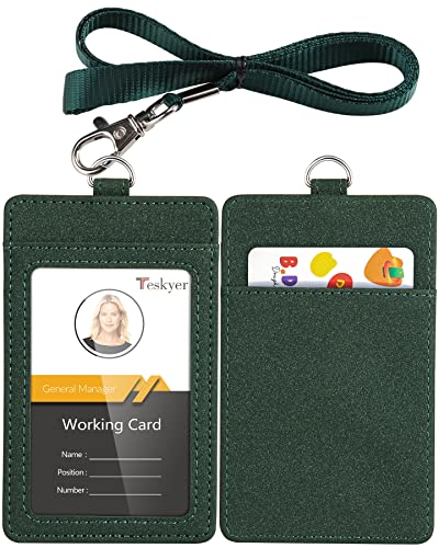 Teskyer Leather ID Badge Holder with Lanyard, Vertical Starry Dark Green - color: Starry Dark Green, size: Vertical