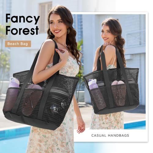 KALIDI Beach Mesh Tote Bag, Casual MAX 23L Summer Foldable Hobo Bag Women - color: Black 30l