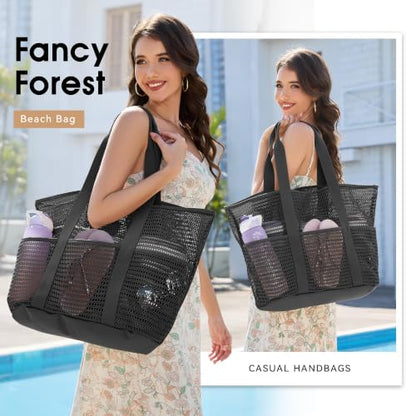 KALIDI Beach Mesh Tote Bag, Casual MAX 23L Summer Foldable Hobo Bag Women - color: Black 30l