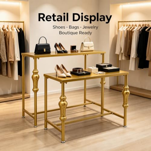2-Piece Gold Metal Nesting Display Tables Shoe Handbag Retail Display Racks (Gold 2) - color: Gold 2