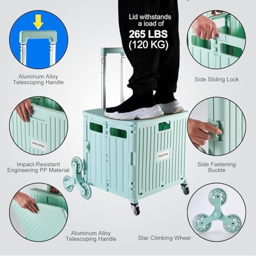 MACOPRO Foldable Utility Cart with Stair Climbing Wheels, Collapsible Rolling Crate with Telescoping Handle, Shopping Trolle Handcart Grocery Book File Tool Art Supplies Teacher Storage Basket(Green) - color: Green