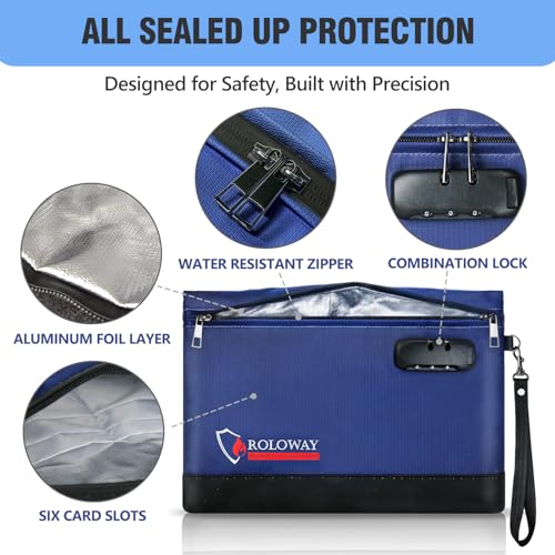 ROLOWAY Fireproof Money Bag with Lock for Cash, 6400°F Fire Proof Document Bag (12.2 x 8.5 x 1.6 inches), Money Pouch with Zipper (Blue) - color: Blue