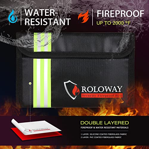 ROLOWAY Small Fireproof Bag (5 x 8 inches) with Reflective Strip, Fireproof Money Bag for Cash, Valuables, Passport, Currency & Keys (2-Pack Black) - size: 8 x 5 inch, style: Black With Reflective Strip