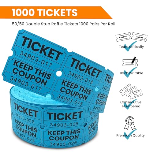 PM Company 2000 Pcs (1000 Pairs) Raffle Tickets Double Roll, 50/50 Blue - color: Blue