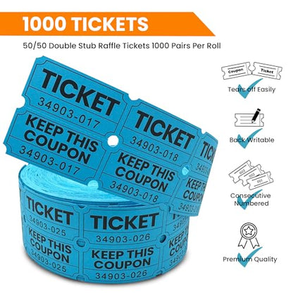 PM Company 2000 Pcs (1000 Pairs) Raffle Tickets Double Roll, 50/50 Blue - color: Blue