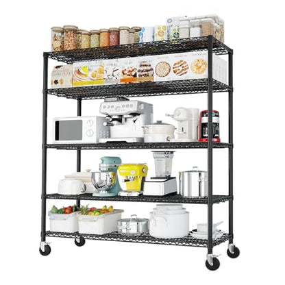5-Tier Shelf, Adjustable Wire Metal Rack Shelving, Heavy Duty Standing Storage Shelves, Garage, Kitchen, Office, Bathroom, Shelfs Easy Assembly, 55" W x 24" D x 76" H Wheels, Black - color: Black, size: 5-tier 55.12"W x 23.62"D x 75.59"H Wheels