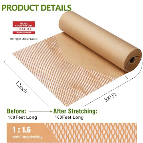 Honeycomb Packing Paper for Moving, Protective Wrapping Paper 12" x 100ft - color: Brown, size: 12 Inch x 100 Feet