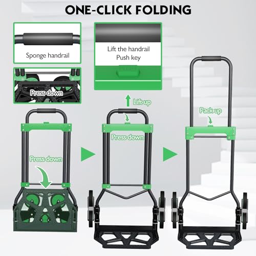 Heavy-Duty 330LB Capacity Hand Truck with Stair-Climbing Wheels & One-Touch Retractable Handle - Q235 Steel Collapsible Dolly Cart, 4.2-Inch Triple Wheels, Elastic Strap & Sponge Grip (Green) - color: Green
