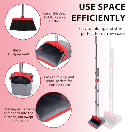 YZO Broom and Dustpan Set, 50.6-Inch Long Handle Standing Design, Dustpan Front Rubber Tight Seal, Broom with 5-Layer Bristles, Suitable for Living Room, Bedroom, Yard, Office and Apartment(Gray&Red) - color: Gray&red