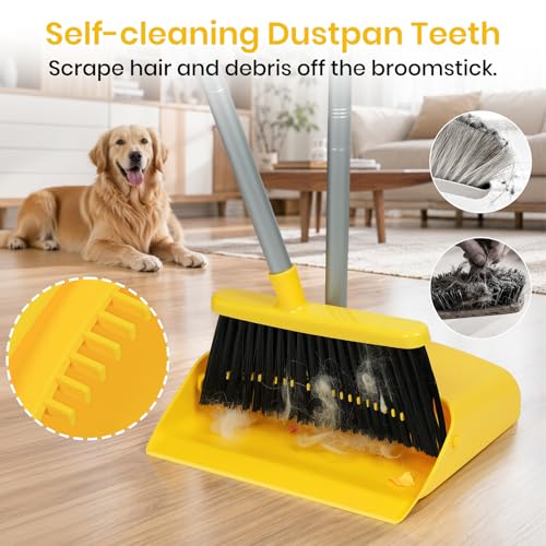 Stand Up Dustpan and Broom Set 50” Long Handle Broom with Dust Pan, with Self Cleaning Combe for Ergonomic Home Office Classroom Indoor Sweeping - color: Yellow