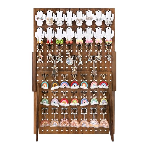 MOOCA Wooden Pegboard Jewelry Display Stand with 48 Hooks, Brown