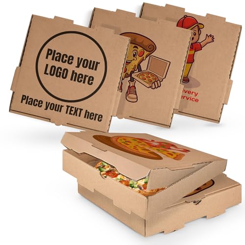 MT Products Custom Printed Kraft Pizza Boxes with logo - 10 x 10 x 1.75 Corrugated Cardboard - Pack of 5-50 - color: Custom Printed - Brown