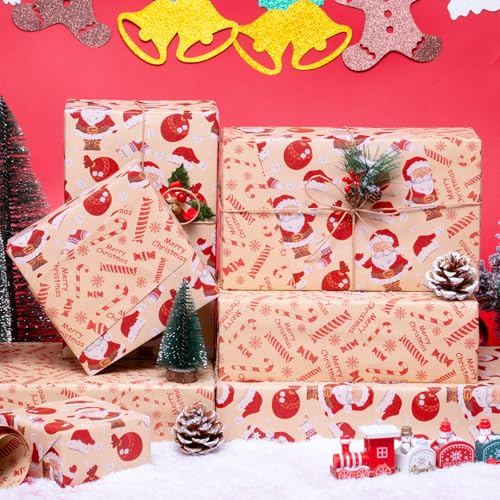 Larcenciel Christmas Wrapping Paper Roll, Reversible Santa & Candy Cane Pattern, Red and Brown Kraft Gift Wrapping Paper, Double-Sided Xmas Gift Wrap for Holiday Party, 17 In x 32.8 Ft (46.45 sq.ft.) - color: Brown And Red White