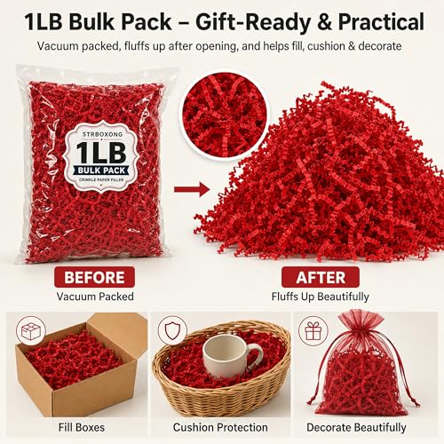 STRBOXONG Red Crinkle Paper Filler 1 LB, Recyclable Crinkle Cut Paper Shred for Gift Baskets, Gift Boxes, Gift Bags, Valentine Gifts, Christmas Party Favors, Birthday and Holiday Packaging - color: Red
